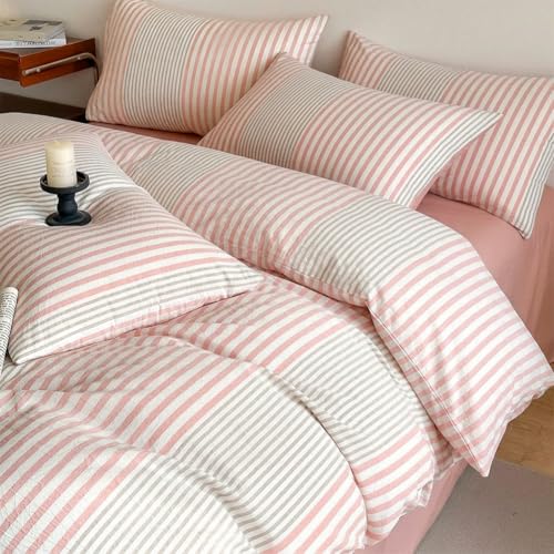 Bettwäsche 135x200 Baumwolle Rosa Grau Gestreift und Kissenbezug 80x80cm – Ansicht 5