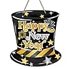 Deroro happy new year 2025 hat front door sign black gold celebration wood door hanger outdoor outside porch decor golden christmas winter holiday party wooden wreath indoor wall hanging decoration  urban country home decor