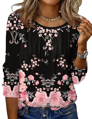 Zeagoo women tops Tshirts Shirts for Women Long Sleeve Business Casual Crew Neck Basic Tops Loose Fit Floral Blouses Black-pink