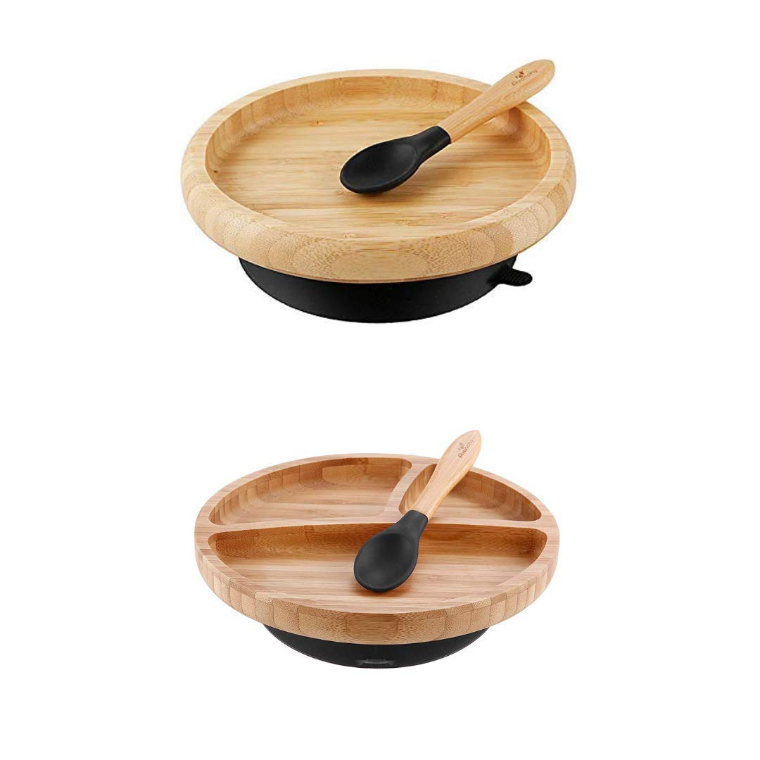 Avanchy Bamboo Classic Baby Plate & Spoon - 8" x 2.5" + Avanchy Bamboo Suction Toddler Divider Plate