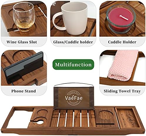 Teak Bath Tray, Expandable Bamboo Bath Caddy with Ipad & Phone Holder, Wine Glass, Book, Tablet, Extendable /Adjustable Bridge Luxury Wood Bathtub Caddy Tray, Bathtub Tray- A Free Teak Body Brush