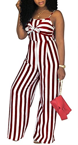 Shekiss Women's Summer Spaghetti Strap Striped Jumpsuits Sexy Wide Leg Elegant Rompers Burgundy #TOP13