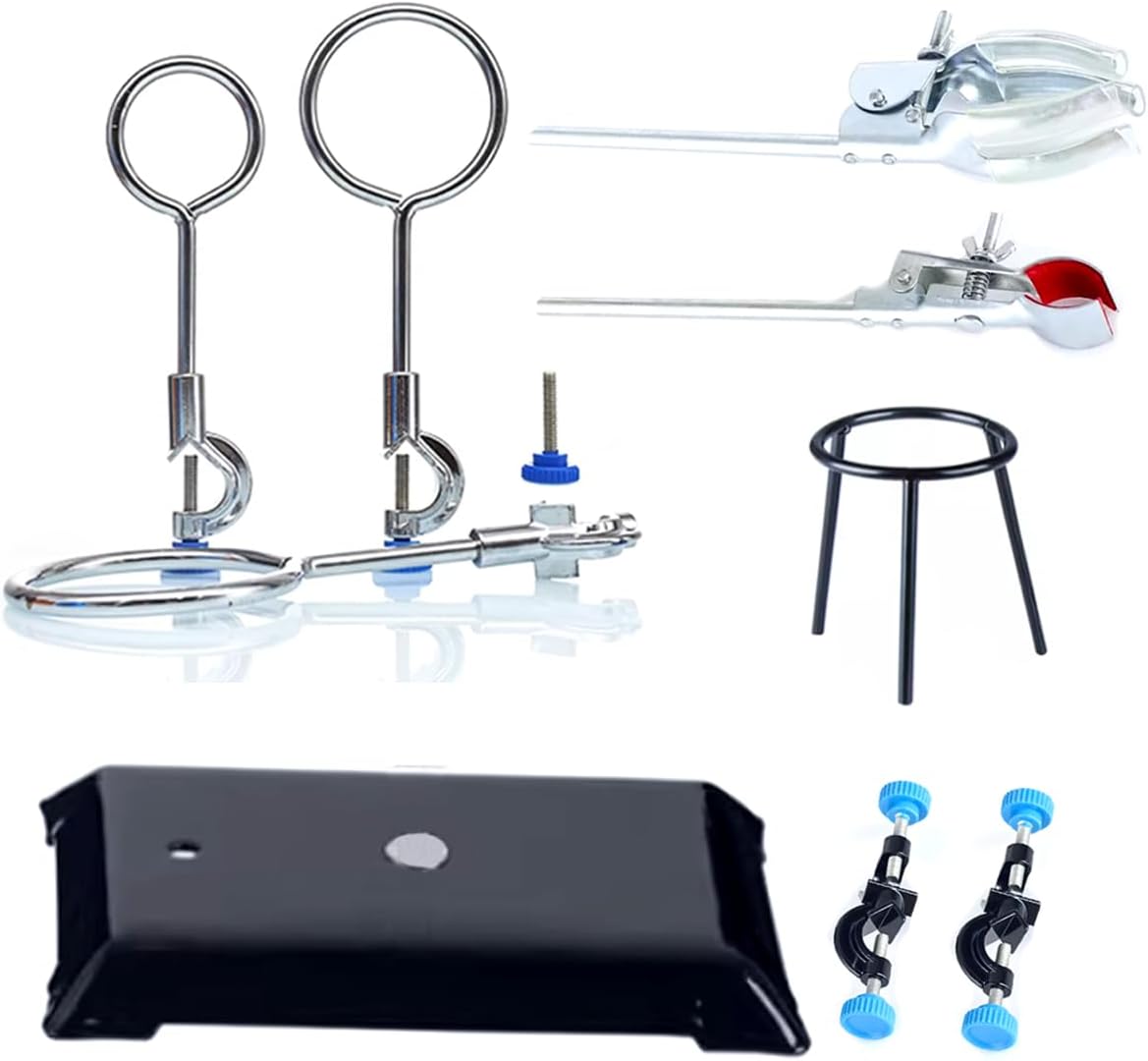 Lab Stand Support Set Premium Iron Material Laboratory Stand and Clamp Set for Fixing Labware Cast Iron Base+Iron Rod+Retort Ring+Iron tripod+Flask Clamps+Burette Clamp and Cross Clamps
