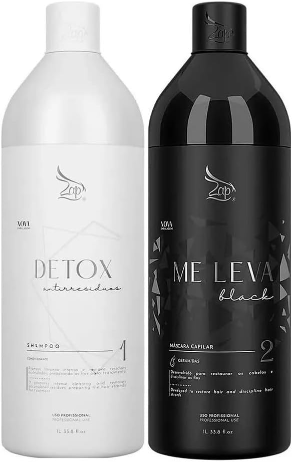 Me Leva Black and Detox Kit 2L | Brazilian Keratin Treatment | Progressive Brush | Smoothing System | Frizzy Free | Volume Reducer | 100% Straight Hair