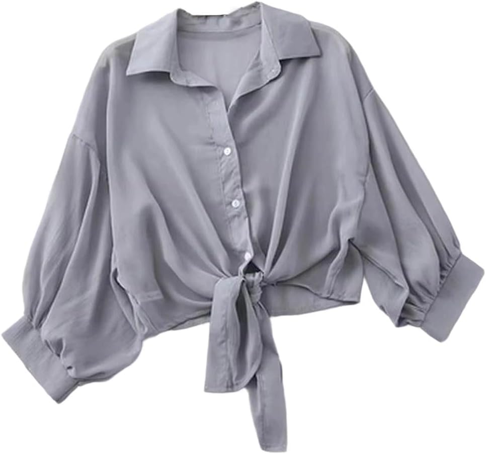 keusyoi Women Summer Bat Half Sleeve Chiffon Shirt Casual Loose Button Hollow Solid Color Tied Waist Blouse
