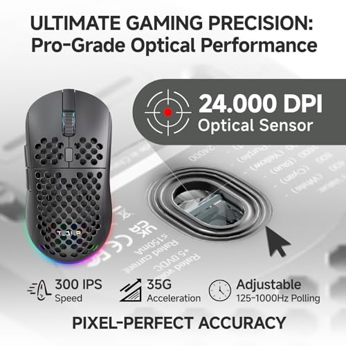 Image of TMKB Wireless Gaming Mouse, 24000DPI Optical Sensor, 180Hrs Battery, Lightweight, 6 Programmable Buttons, RGB Strip, 2.4G /BT5.2 /USB-C Wired for PC /Mac /Laptop - Matte Black