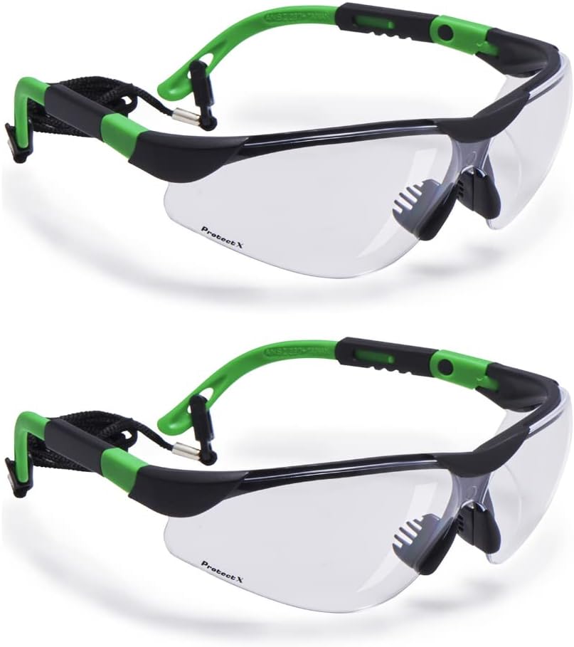 ProtectX Super Light Safety Glasses, Pathfinder Clear Polycarbonate Impact & Scratch Resistant Anti-Fog, 4-Way Adjustable, ANSI Z87.1 Rated, UV AB Protection, Lanyard Included 2 Pack