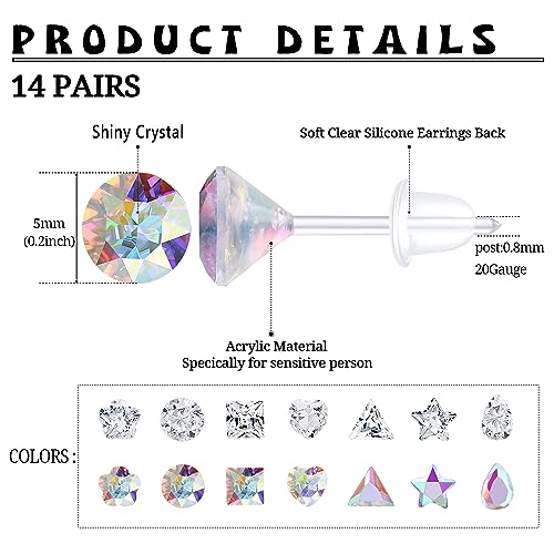 LOLIAS 14Pairs Clear Plastic Earrings Stud Earrings for Women Rhinestone Acrylic Stud Earrings Clear Piercing Retainer for Sport Work2