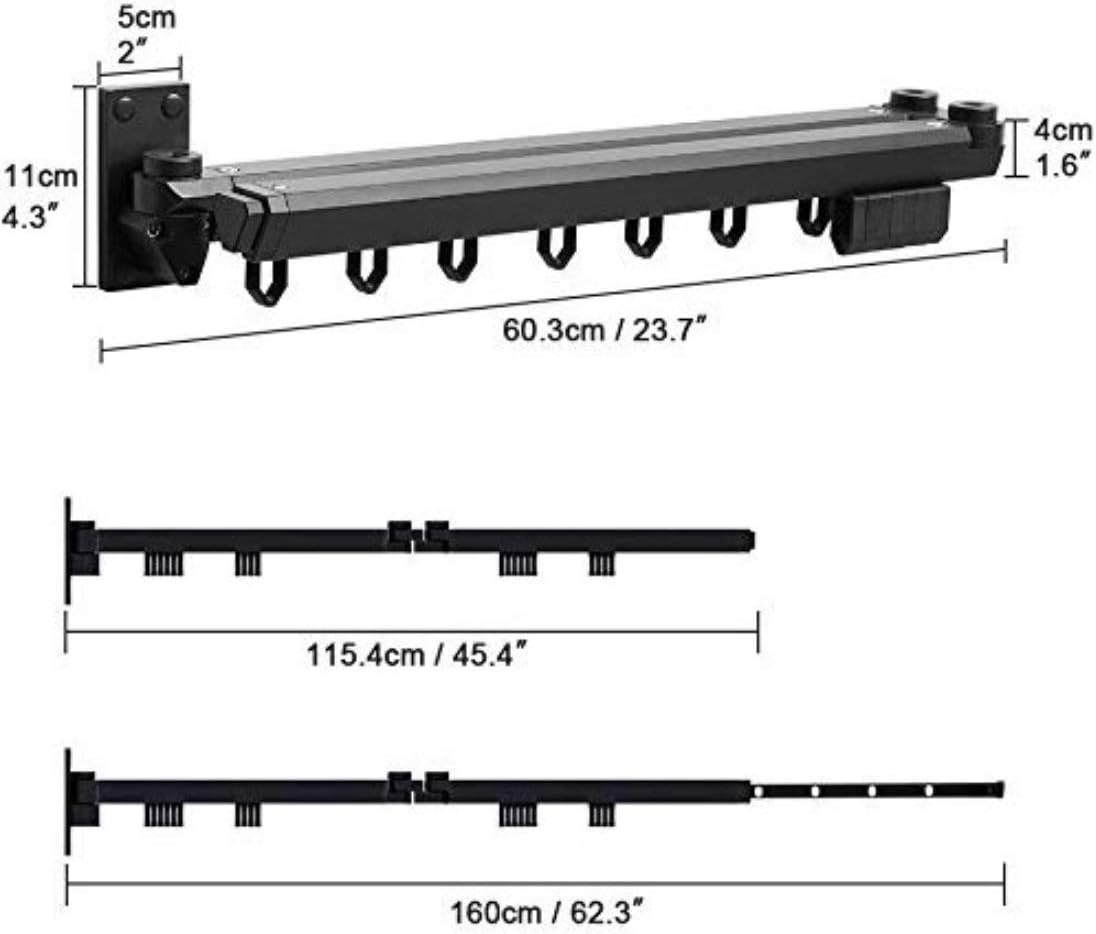Collapsible and Retractable Wall Mounted Clothes Drying Rack for Space Saver Hangers, Metal, with Towel Bar, Aluminum Wardrobe Organizer, for Balcony, Mudroom, Bedroom