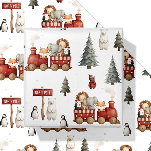 Vnaaem North Pole Christmas Wrapping Paper for Boys Girls - White Animal Xmas Gift Wrap with Train Fox Penguin Lion Design for Birthday Baby Shower Holiday Party DIY Craft Party(20 X 28 Inch 6 Folded Sheets)