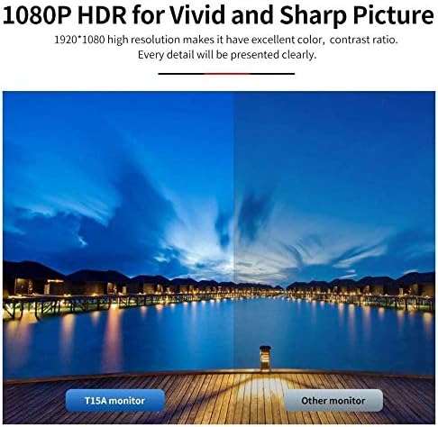 Comparison image showing a vibrant, clear picture on the 'T15A monitor' side versus a duller, less vibrant picture on the 'Other monitor' side, illustrating the benefit of 1080P HDR.