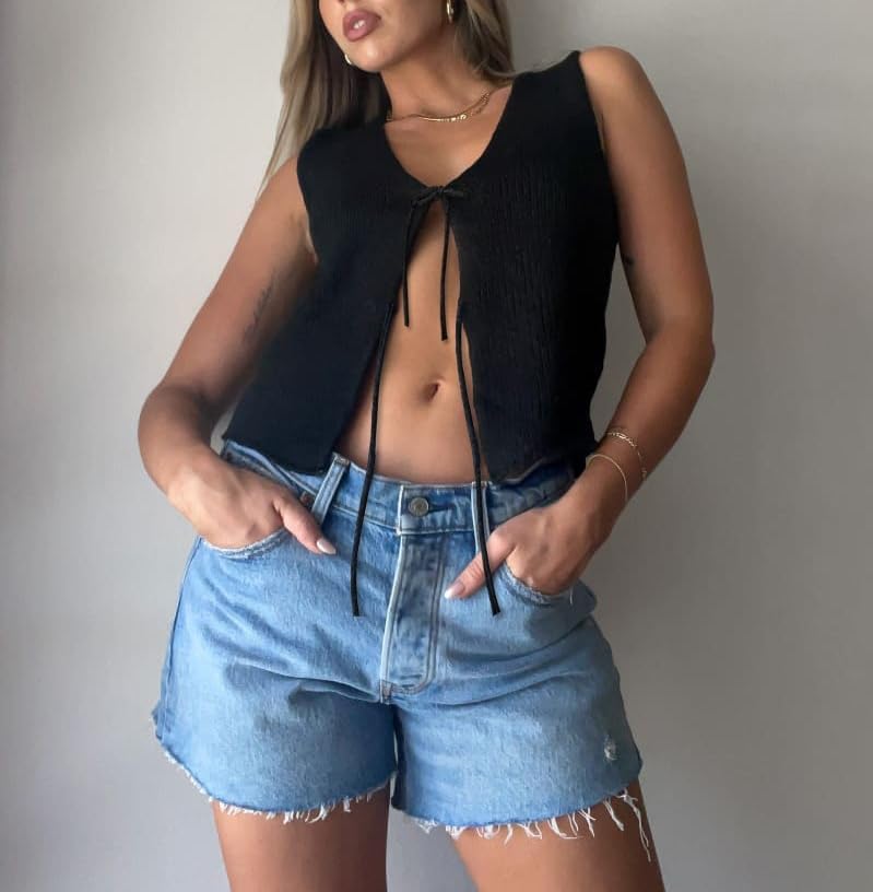 Meihuida Women Vest Top Tie Front Y2k Crochet Knit V Neck Sleeveless Vest Casual Streetwear - Image 4