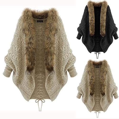 HGps8w Women's Elegant Faux Fur Collar Open Front Poncho Cape Fall Winter Batwing Sleeve Cable Knit Cardigan Sweater2