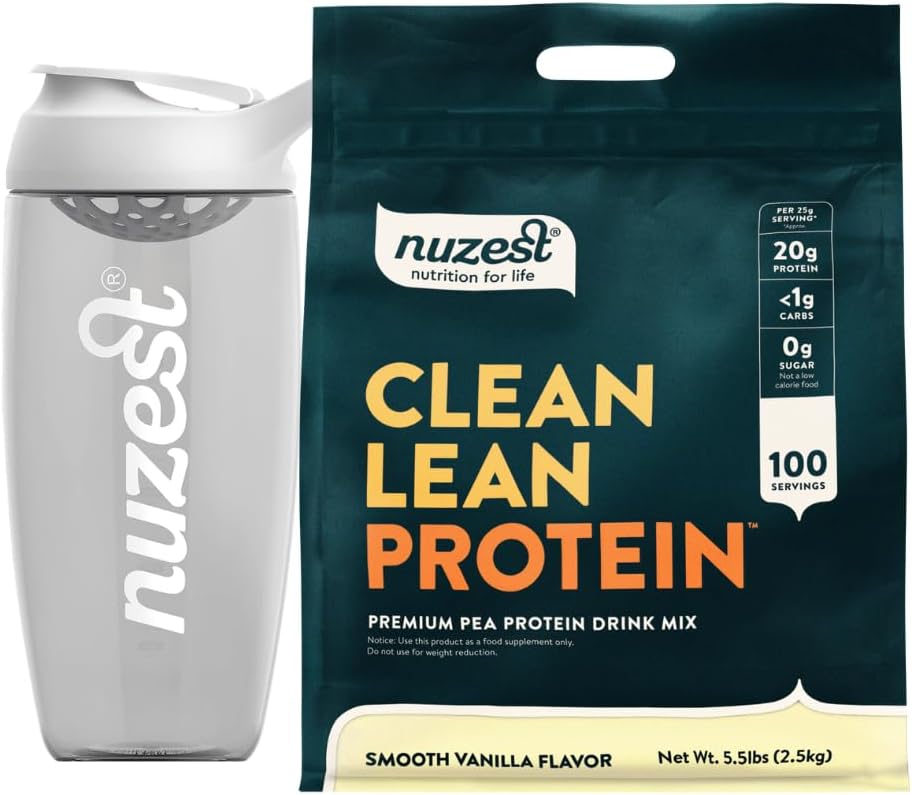 Nuzest Vegan Pea Protein Powder - Clean Lean Protein 100 Servings 20g Protein, Smooth Vanilla Protein Shake Mix + Sports Shaker Bottle 24oz