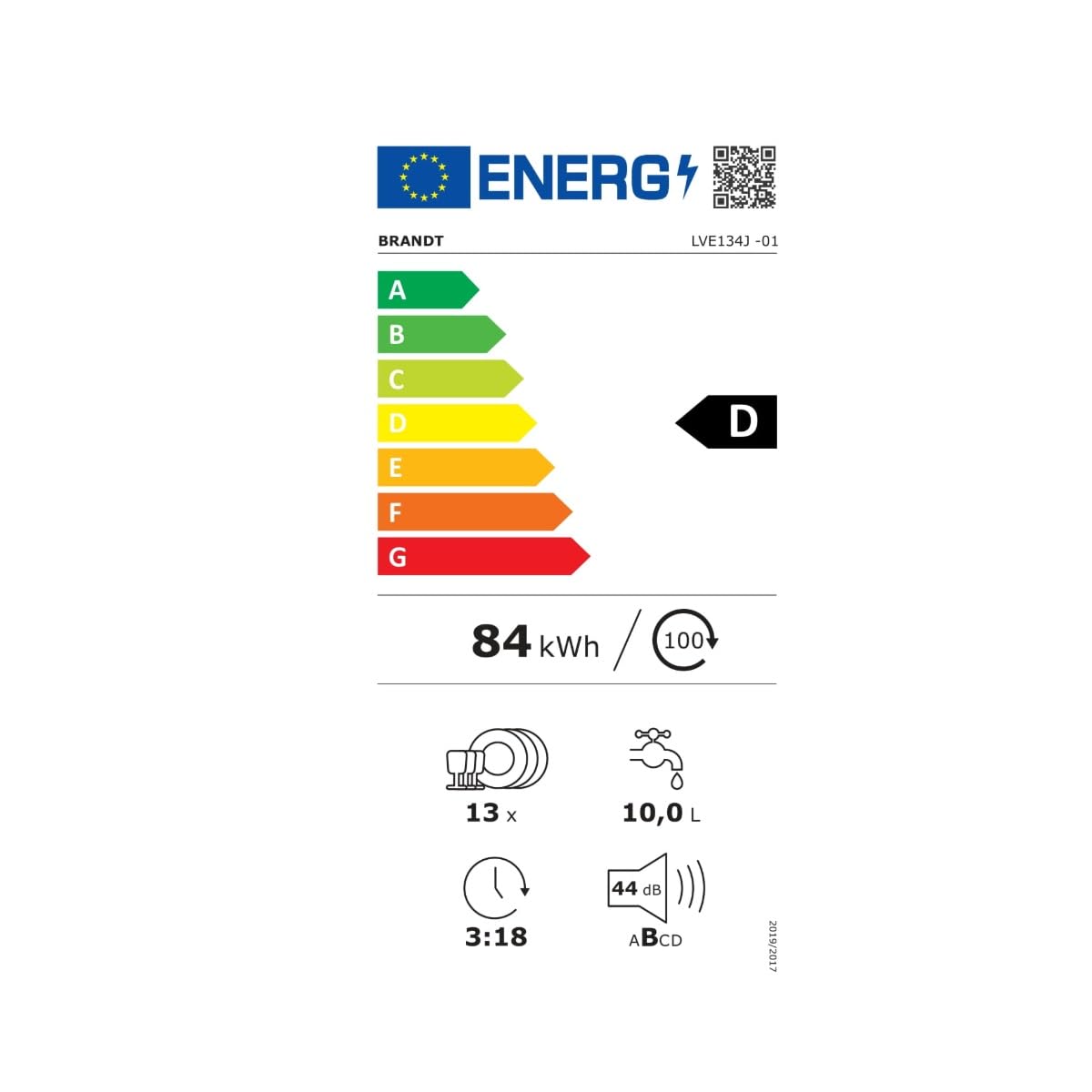Lave-vaisselle encastrable BRANDT LVE134J - Induction - 13 couverts - L60cm - 44 dB - Noir