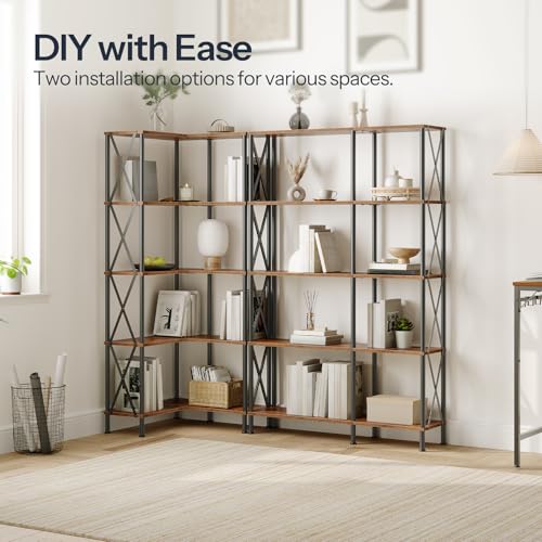 HOOBRO Corner Bookshelf, 5-Tier L-Shaped Bookcase, Industrial Open Display Shelf Tall Storage Organizer, Vertical Storage Rack, for Living Room, Home Office, Rustic Brown and Black BF60SJ01 - Image 5