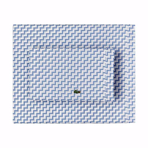 Image of Lacoste 100% Cotton Percale Sheet Set, Chevron Print, Allure Blue, California King