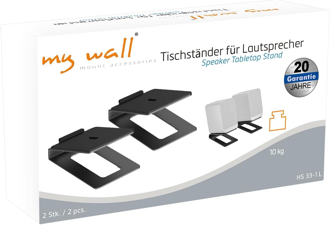 my wall Speaker Stand for Tabletops - HS33-1L, 2 Speaker Stands with Anti-Vibration Mat, 16° Tilt Angle, Load Capacity up to 10 kg, Speaker Stand for PC Boxes or Studio Monitors