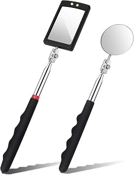 2 Pieces Telescoping Inspection Mirror, Round and Square LED Lighted Flexible Tool for Checking Vehicle, Mechanic Automotive Mirror