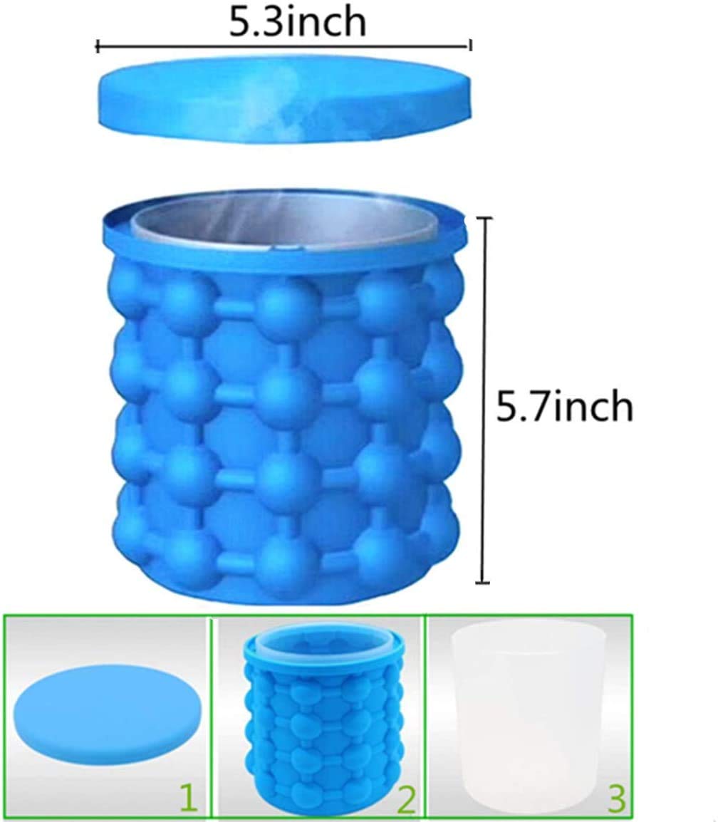 BULUSHI Large 2 in 1 Silicone Ice Bucket & Ice Mold with lid,Silicon Ice Cube Maker Genie, Portable Silicon Ice Cube Maker Blue 13.2X13.2X14CM