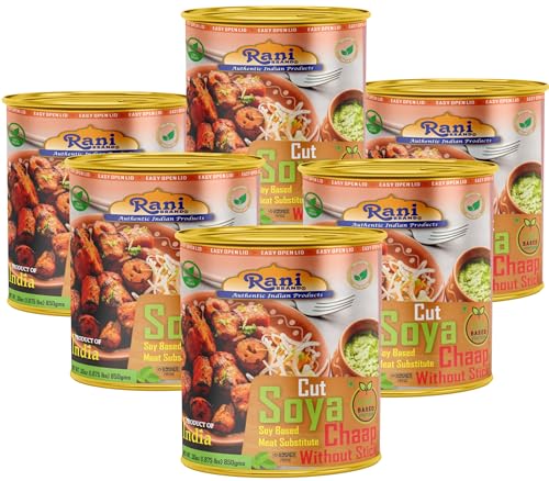 Rani Cut Soya Chaap Whitout Stick (Plant Based Protein) 30oz (1.875lbs) 850g, Pack of 6 ~ Easy Open Lid | All Natural | Vegan | No Colors | NON-GMO | Kosher | Indian Origin | Soy Based Meat Substitute
