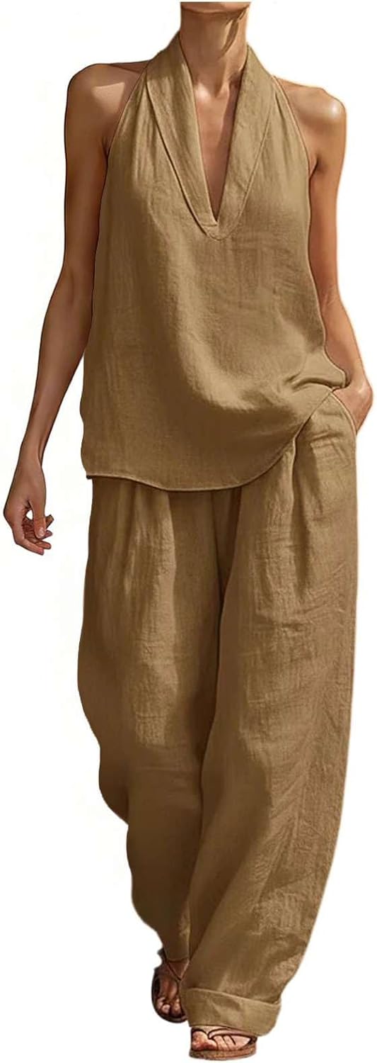 Women's 2 Piece Linen Cotton Set Halter Neck Tank Top and Wide Leg Pants Summer Beach Vacation Outfits Chic Lounge