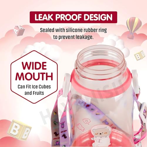 Image of Antlers Water Bottle for Kids 600ml BPA Free | Soft Silicone Sipper Transparent Bottle for Boys & Girls | Reusable Leak Proof with Strap for School, Sports, Travel & Outdoor Use - Pack of 2(Pink)