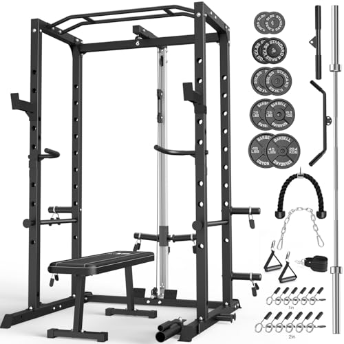Image of ULTRA FUEGO Power Cage, Multi-Functional Power Rack with J-Hooks, Dip Handles, Landmine Attachment and Optional Cable Pulley System for Home Gym