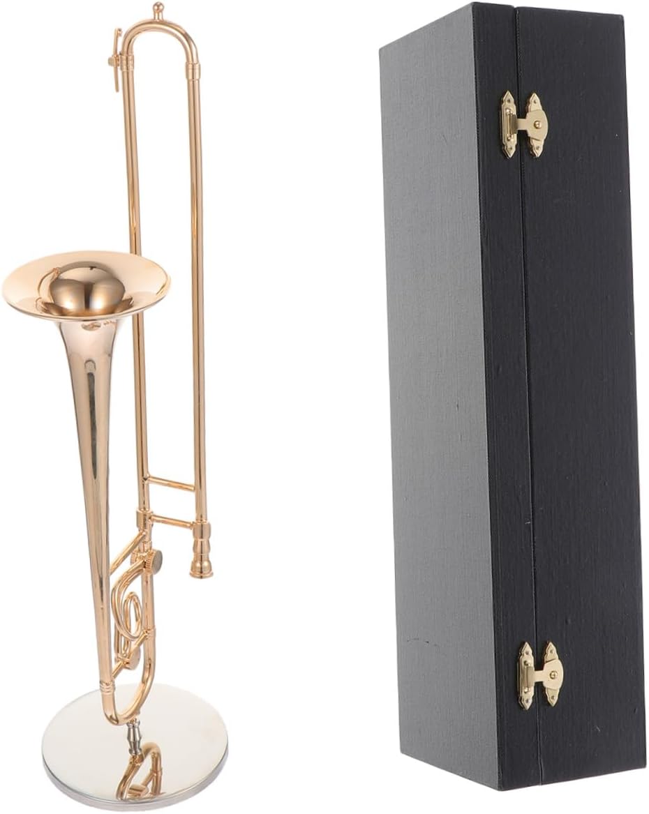 FAVOMOTO 1pc Miniature Trombone Model Copper Craft Ornament for Desktop Decor Musical Instrument Stand Box Unique Home Office Decoration Realistic Design for Creative Display