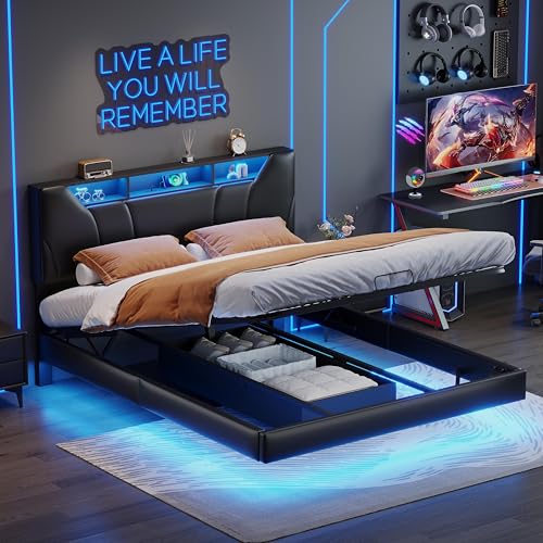 PerGar Schwarzes PU-Lederbett 140x200 cm, Hydraulisches Stauraumbett mit LED-Beleuchtung, Praktisches Kopfteil mit integrierter Ladestation, Doppelbett, Hängebett, Schlafzimmer Bett