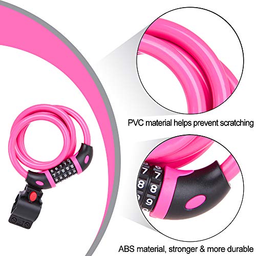 Ndakter Bike Lock Cable, 4 Feet High Security 5 Digit Resettable Combination Coiling Bike Cable Lock, Bicycle Cable Lock For Bicycle Outdoors, 1.2Mx12Mm Pink #TOP3