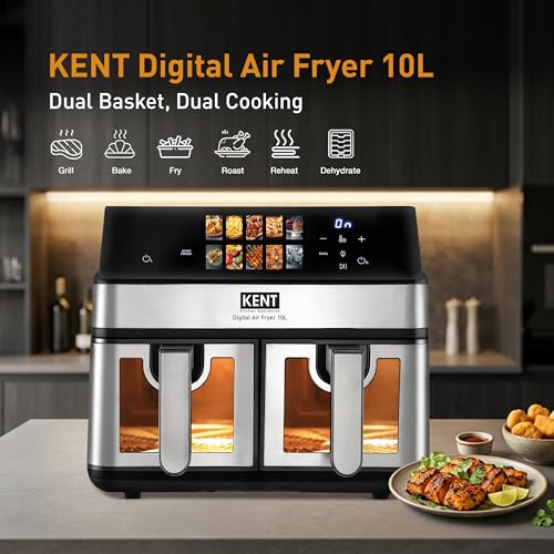 KENT Digital Air Fryer 10L| 2000W | Up to 80% Less Oil Usage | 10 Preset Menu |Digital Display & Touch Control Panel |Glass Window with in built Light | Dual Basket for Cooking 2 Dishes Simultaneously view 2