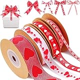4 Rolls Valentine's Day Wired Ribbon Heart Valentine Ribbon Polyester Wrapping Bow for DIY Craft Wrapping Wedding Home Decor, 11 Yards, 5.5 Yards