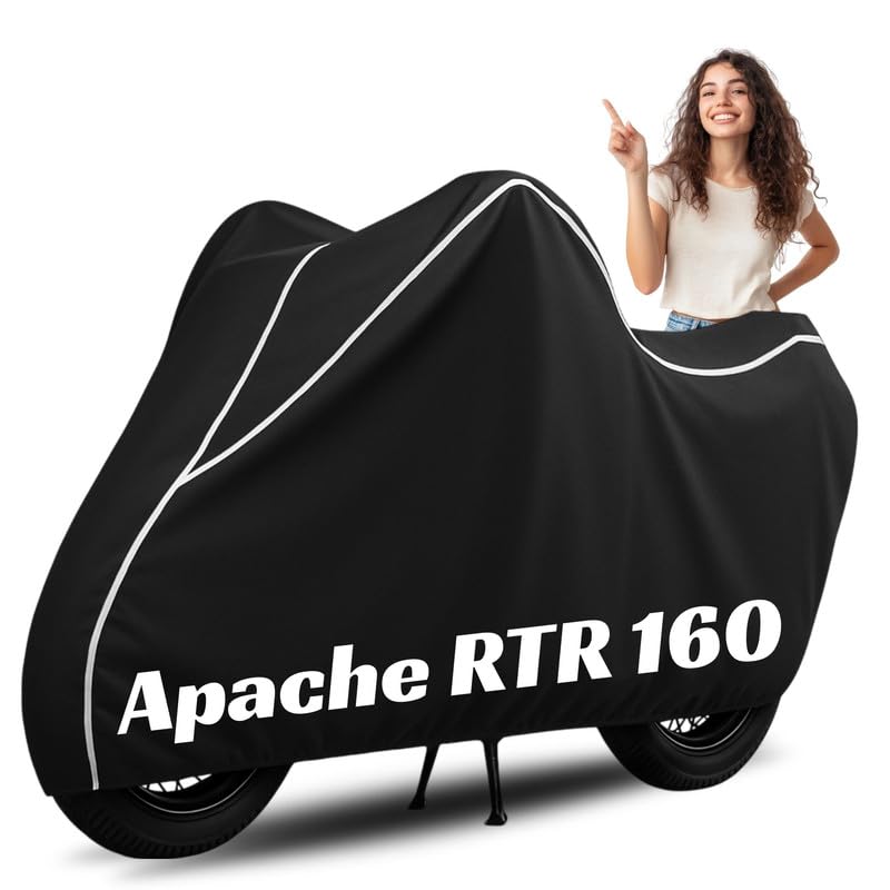 Image of Premium Bike Cover for TVS Apache RTR 160, Water Resistant, Dustproof, UV Protected, Scratchproof Motorcycle Cover for Outdoor Use, All Weather Protection (Black & White Piping)