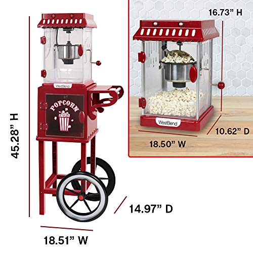 Image of West Bend Popcorn Popper Machine Theater Style on Wheeled Cart with Non-Stick 2.5 Oz Stainless Steel Popcorn Kettle, Storage Shelf, and Popcorn Scoop, 10-Cup, Red