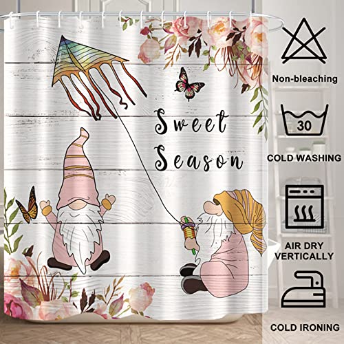 Bovlleetd Sweet Season Shower Curtain Gnome Bathroom Decoration Curtains Dwarf Flying Kite Bathroom Curtain with Hooks Spring Butterfly Flower Pattern Art Decorative Curtain for Bathroom 72x74 inch - Image 4