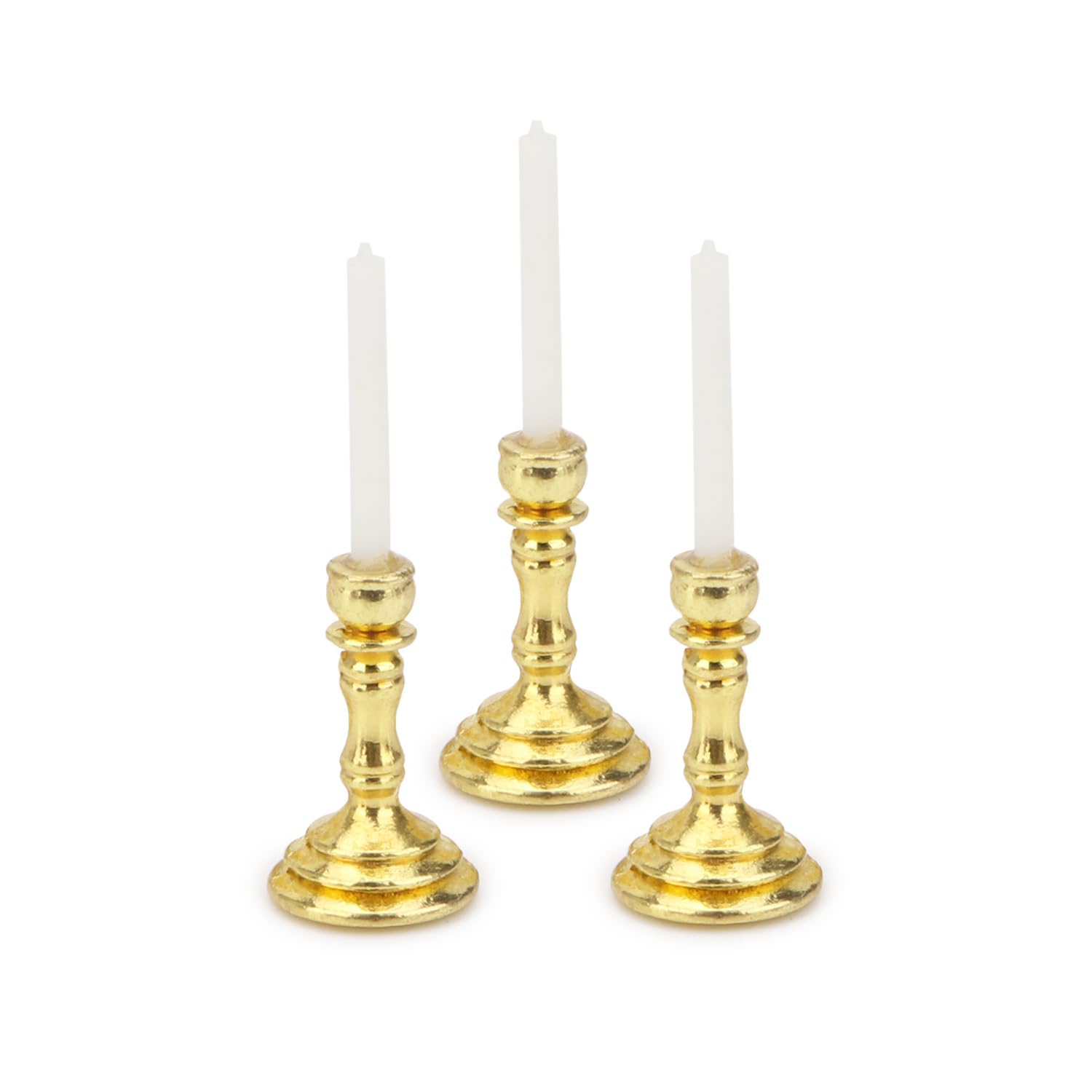 Juego de 3 candelabros en miniatura para casa de muñecas, juego de 3 portavelas a escala 1/12, velas vintage para casa de muñecas, accesorios de adorno de escritorio con base redonda de metal para 3