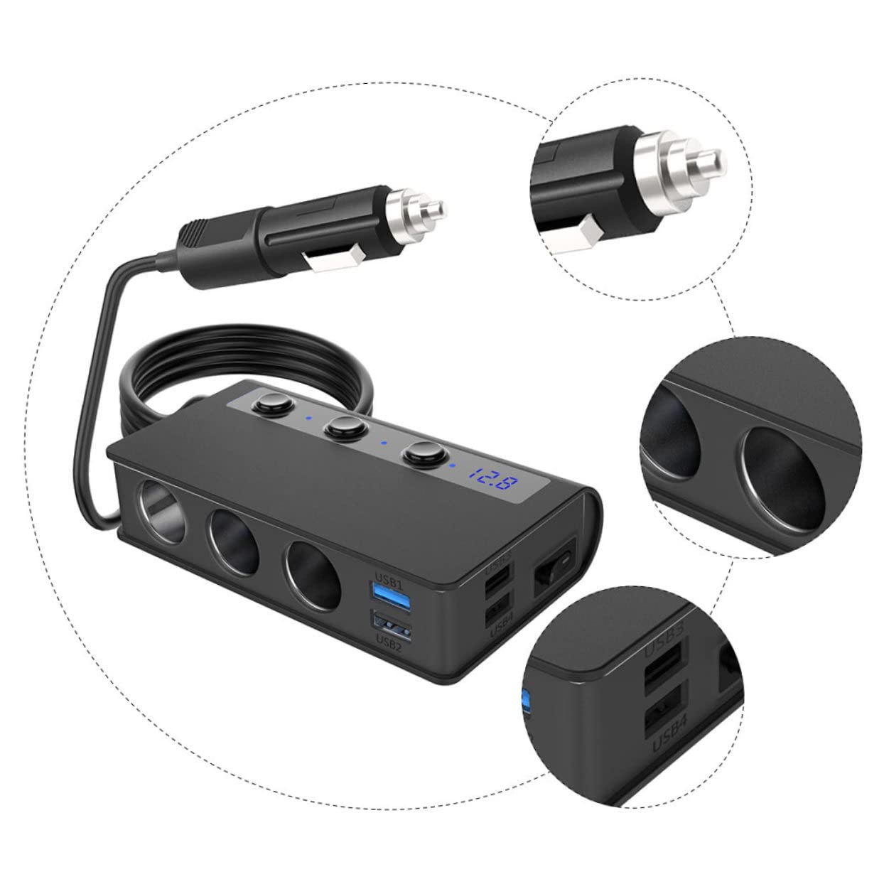 Adattatore Caricatore Auto Presa Accendisigari 1 a 3, 4 Porte Usb, 180w Max, Luce Led, per Telefoni e Ventilatori USB