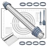 TAVADA Rouleau à Pâtisserie Antiadhésif,Rouleau à Pâtisserie en Acier Inoxydable,avec 8Anneau en Silicone Réglable,avec Tapis de Cuisson en Silicone et Grattoir pour Pâtisserie à Rouler Pâte