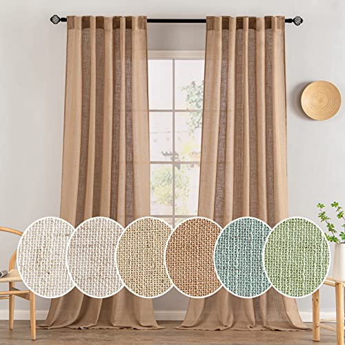 MIULEE Brown Linen Curtains 90 Inches Long for Bedroom Living Room, Soft Thick Linen Textured Window Drapes Semi Sheer Light Filtering Back Tab Rod Pocket Burlap Look Farmhouse Decor, 2 Panels Set