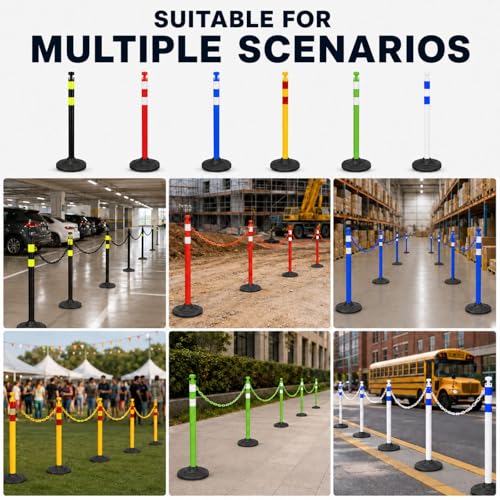 Image of 6 Pack Traffic Delineator Post Cones with Chain Stanchion, Black Crowd Control Safety Barrier Posts with Heavy Duty Base for Parking Lots, Warehouses and Construction Safety (Black)