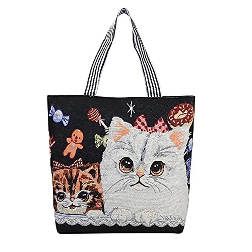 Image of Women's Canvas Cat Print Shoulder Bag - Cat Graphic Hobo Crossbody Handbag