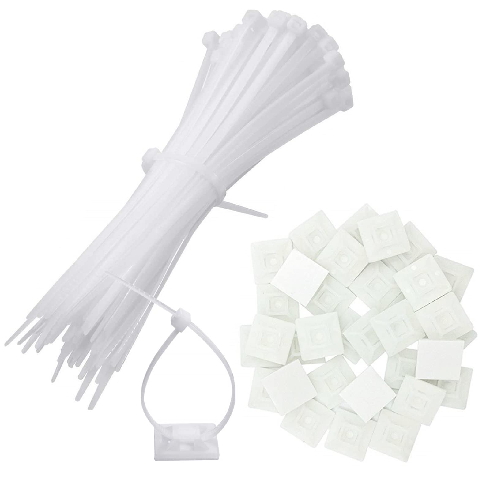 100 Pack White Cable Tie Clear Strong Back-Glue Self Adhesive Mount Zip Tie Adhesive Mount for Any Place