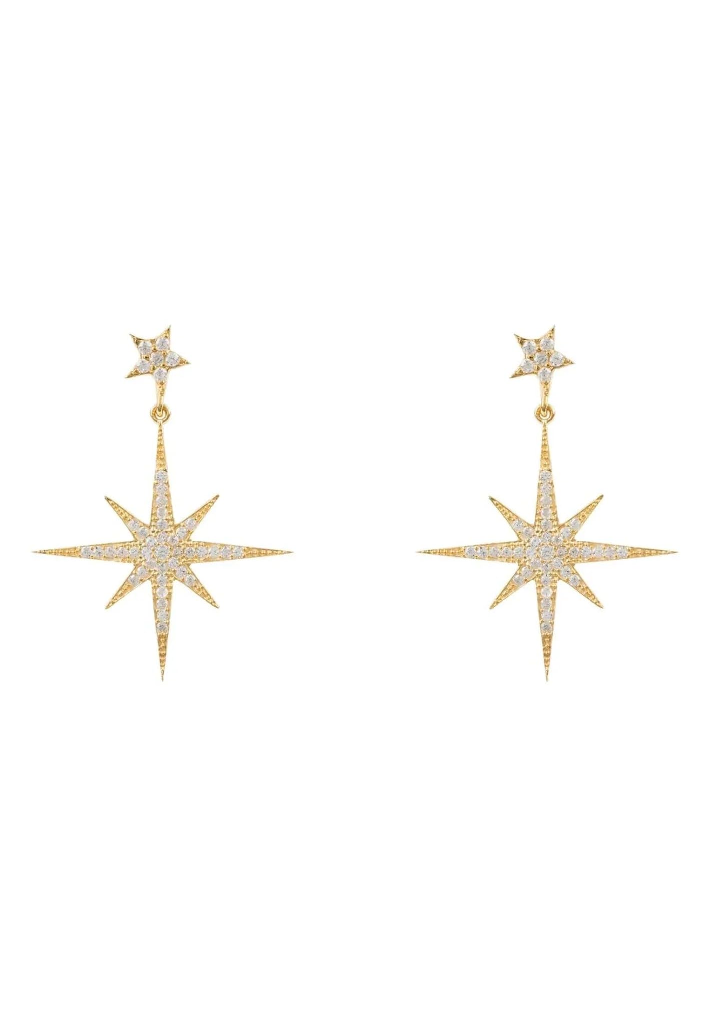 Latelita Petite Star Burst Drop Earrings Gold for Women, 925 Sterling Silver with 22ct Gold and AAA White Cubic Zirconia