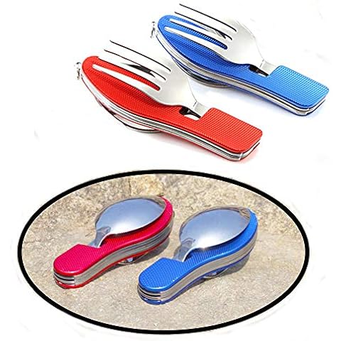 Senven 2Pcs-4 in 1 Camping Besteck Set Campingausrüstung Edelstahl/Gabel/Löffel/Messer/öffner Set Camping Besteck Set/Reise/Survival - faltbar abnehmbar Cover