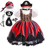 Luzlen Girls Pirate Costume Kids Halloween Buccaneer Dress Up Cosplay Party Outfits with Accessories, 6-7Y(Tag 140)