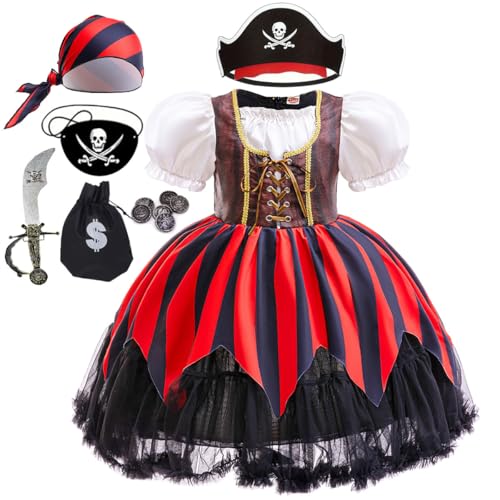 Luzlen Girls Pirate Costume Kids Halloween Buccaneer Dress Up Cosplay Party Outfits with Accessories, 6-7Y(Tag 140)