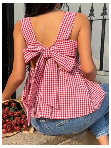 WDIRARA Women's Gingham Plaid Bow Knot Back Tank Top Square Neck Sleeveless Peplum Tops3