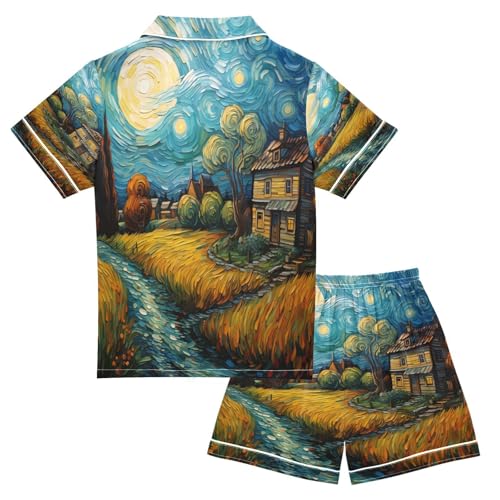 ALAZA Van Gogh Farm Oil Painting Satin Pajamas Set Short Sleeve Button Down Sleepwear Summer Pjs 2 Piece2