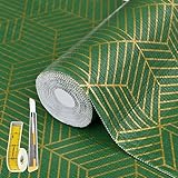 Picture of Shelf Liners for Kitchen Cabinets 17.5in x 30FT, Non Adhesive Cabinet Liner Strong Non-Slip Thickened Gold Green Geometric Drawer Liner, Easy to Clean for Shelf, Cabinet with Knife and Tape Measure